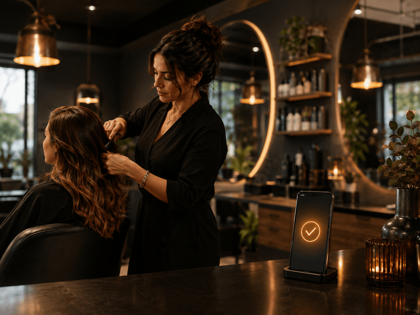 A stylist with a client, with a phone on the counter showing a booked confirmation