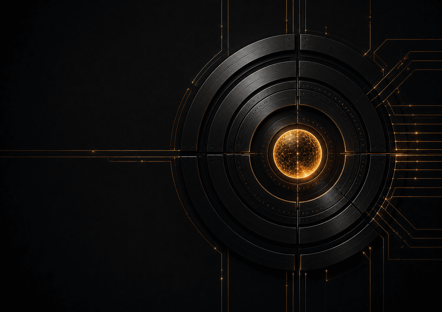 Concentric forged metal rings around a glowing molten core, with circuit-like data lines radiating outward